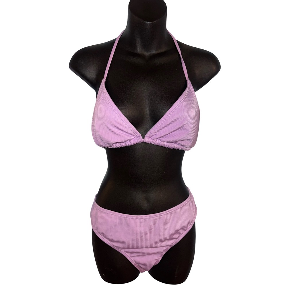 Ninety-Nine Lavender Purple Ribbed Triangle Halter Bikini Set XL